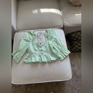 Light Mint Green Peasant Blouse with Ruffle Hem